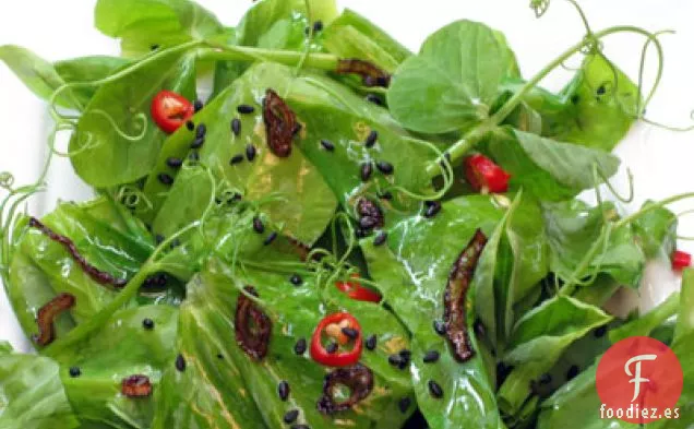 Ensalada de Zarcillos de Guisantes con un Aderezo Tibio de Sésamo y Chile Rojo