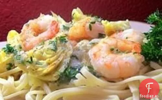 Linguini de Camarones y Alcachofas