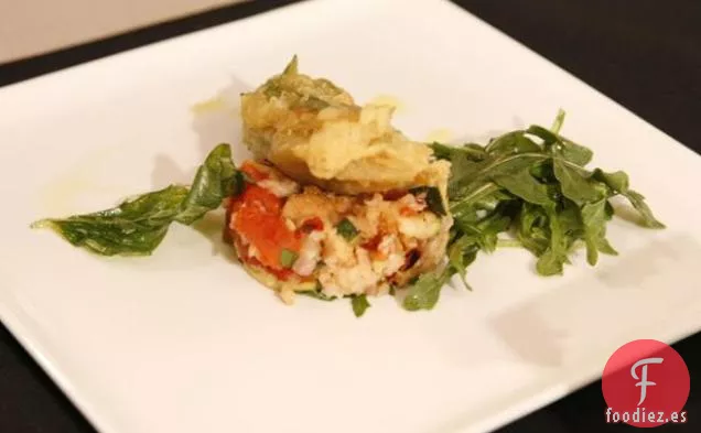 Flores de Calabacín Fritas con Panzanella de Verduras a la Parrilla y Ensalada de Rúcula Bebé