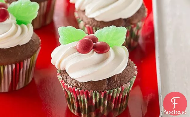 Cupcakes de Chocolate Holly Navideños