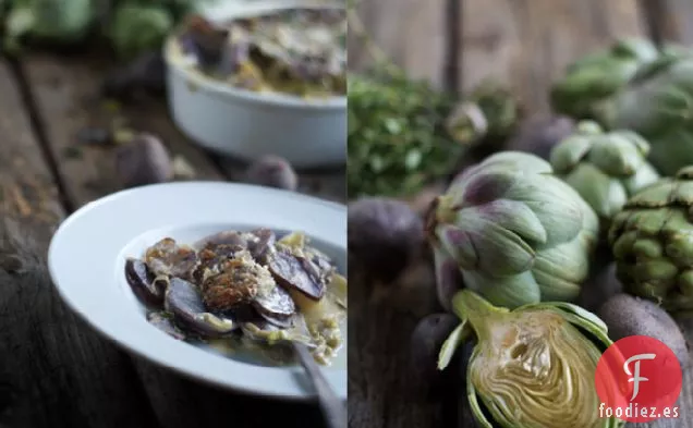 Gratinado de Patata Morada y Alcachofa