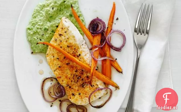 Fletán a la Parrilla con Puré de Guisantes de Ricota