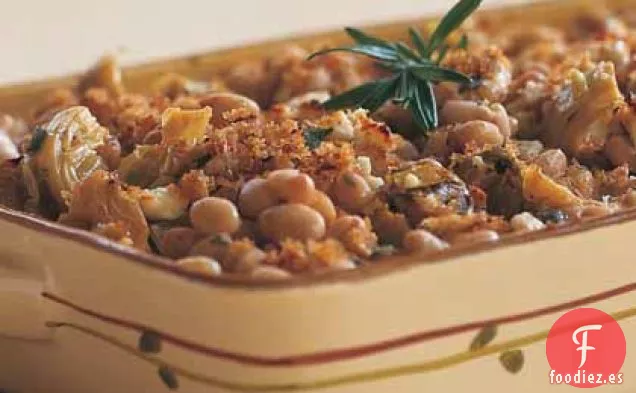 Cazuela de Frijoles y Alcachofas Azules con Queso de Cabra