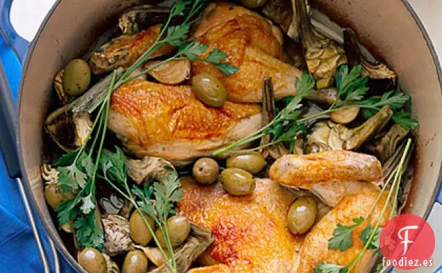 Mitades de Pollo con Alcachofas y Ajo