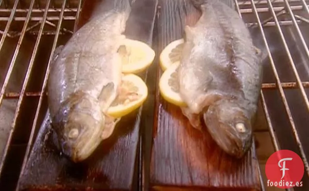 Trucha Arcoiris Asada sobre una tabla de Cedro