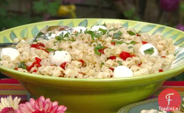 Ensalada de Pasta con Pimientos Rojos Asados y Albahaca con Aderezo Balsámico Blanco