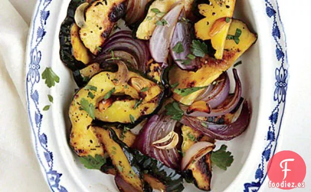 Cebollas Rojas Asadas y Calabaza Delicata