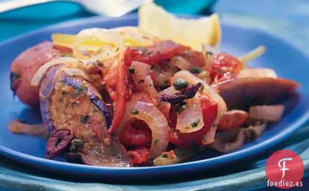 Berenjenas Cocidas y Patatas con Tomates, Alcaparras y Aceitunas