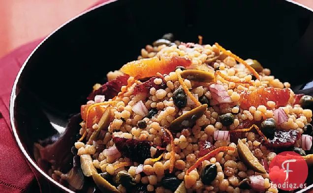 Fregola con Naranjas Sanguinas y Aceitunas Sicilianas