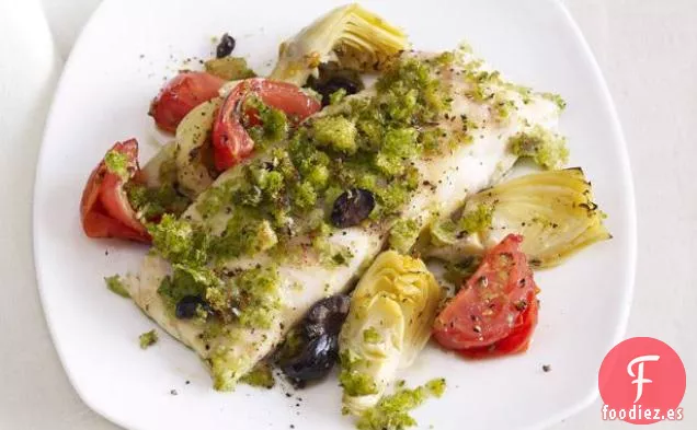 Lubina Rayada Con Alcachofas y Aceitunas