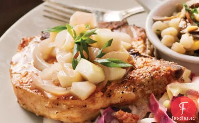 Chuletas De Lomo De Cerdo Con Salsa de Pera y Vidalia