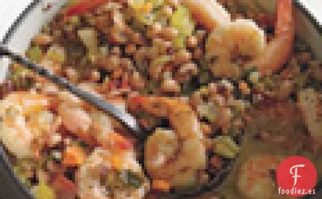 Camarones a la Pimienta Negra con Ajo y Guisantes de Ojos Negros