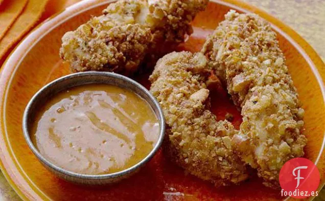 Increíbles Rebanadas de Pollo Pretzel con Salsa Picante de Dijon de Miel