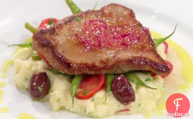 Paillard de Ternera con Salsa de Limón, Ensalada de Judías Verdes y Puré de Papas Rojas