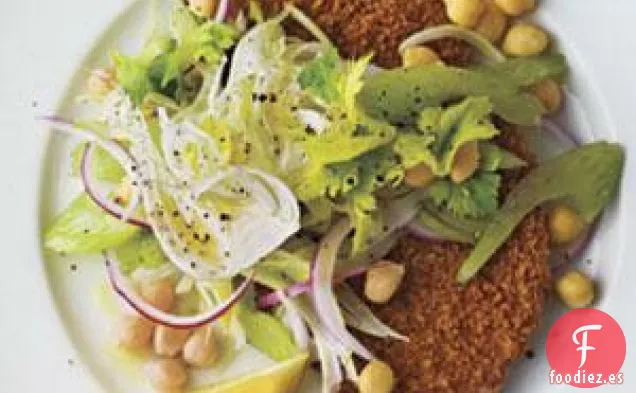 Chuletas De Cerdo Fritas Al horno Con Ensalada De Hinojo y garbanzos Receta