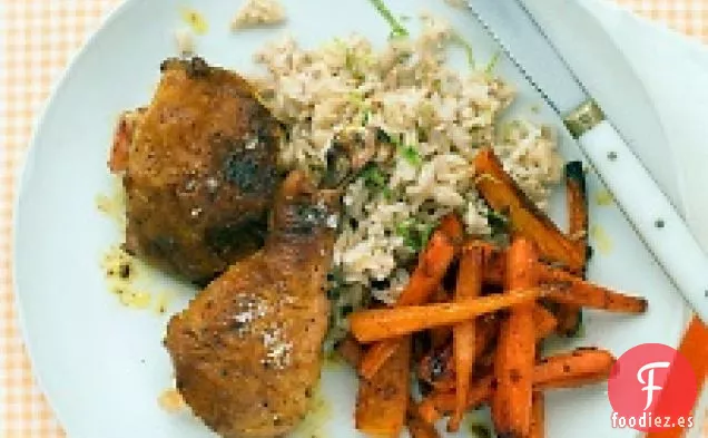 Piernas De Pollo Al Curry Con Zanahorias, Arroz Y Lima