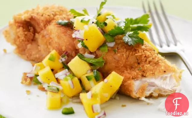 Pescado con Costra de Patata de Jay con Salsa de Mango