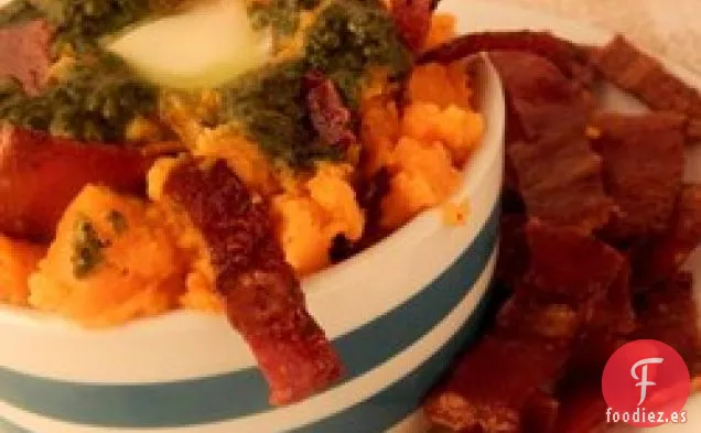 Pesto de Albahaca y Puré de Patatas Dulces con Tocino