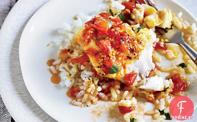 Bacalao con Salsa de Tomate Fresco y Arroz Arborio