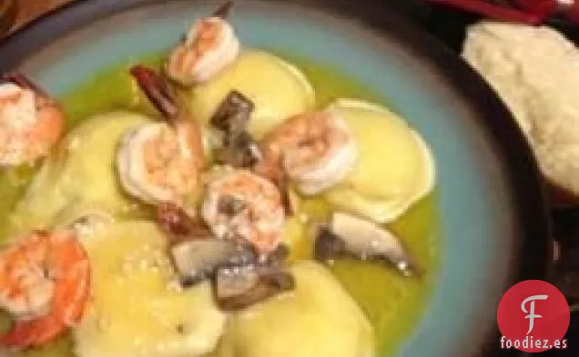 Ravioli de Champiñones Portobello con Gambas