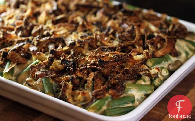 Cazuela crujiente de Cebolla, judías verdes y champiñones