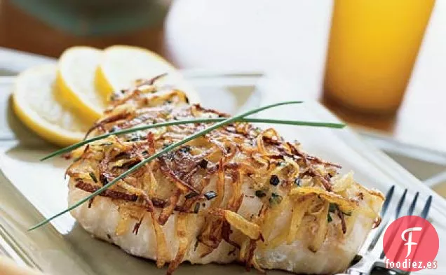 Fletán con costra de cebollino y patata