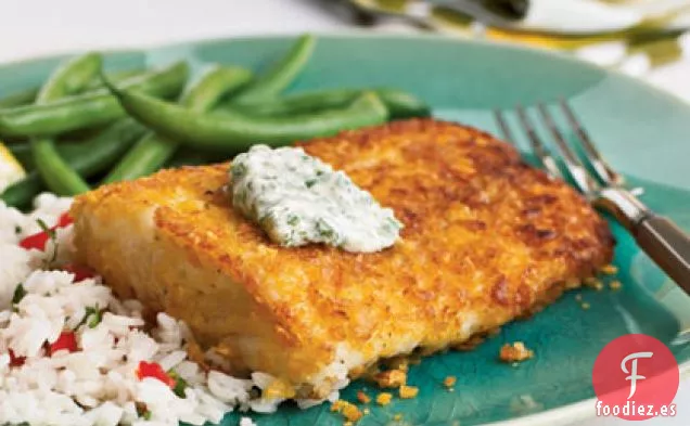 Fletán con Costra de Maíz y Alioli de Chile y Cilantro