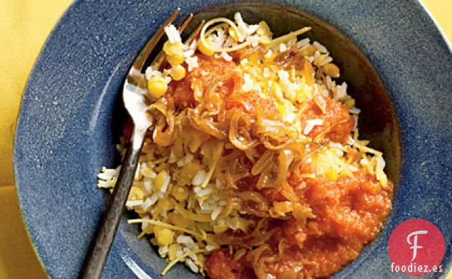 Arroz y Lentejas con Salsa de Tomate Picante