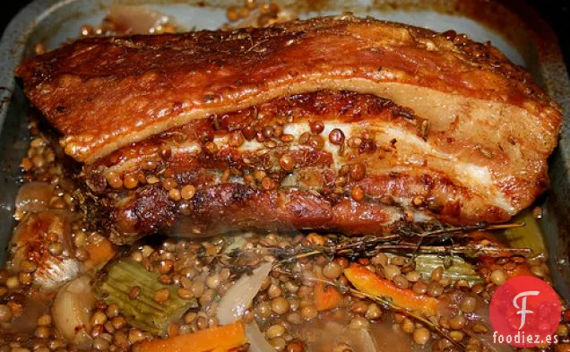Panceta De Cerdo Asada A Fuego Lento Con Sidra Y Lentejas