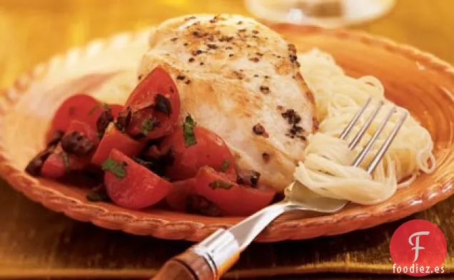 Pollo con Tomate Cherry y Cobertura de Aceitunas