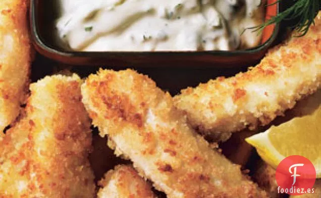 Palitos De Pescado De Fletán Con Salsa Tártara De Alcaparras Y Eneldo
