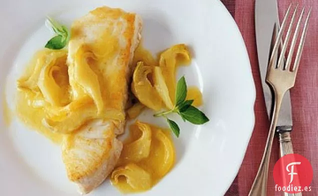 Fletán con Alcachofas y Limones en Rodajas y Estofados