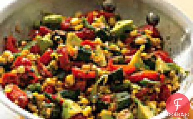 Salteado de Maíz Fresco con Tomates, Calabaza y Okra Frita