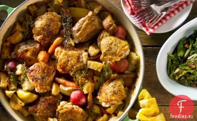 Muslos de Pollo Crujientes con Aroma a Limón con Papas y Zanahorias Pequeñas