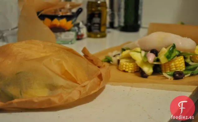 Fletán Y Verduras En Papillote