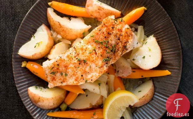 Fletán y Verduras Escalfados de un solo Plato