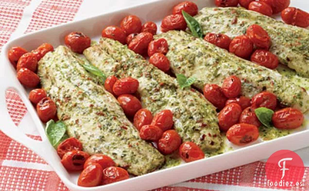 Lubina Rayada Marinada al Pesto con Tomates Calientes