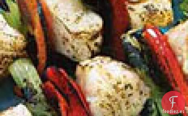 Pinchos De Fletán Y Pimiento Rojo Con Salsa De Chile Y lima