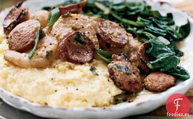 Camarones de Campo Bajo y Sémola con hojas de mostaza Vidalia