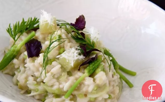 Risotto De Espárragos Silvestres Y Albahaca De Ópalo Con Tomate Verde Frío