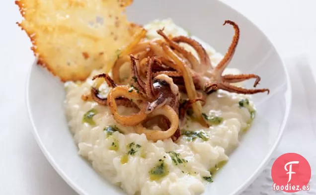 Risotto de Ajo con Calamares y Patatas fritas de Parmesano