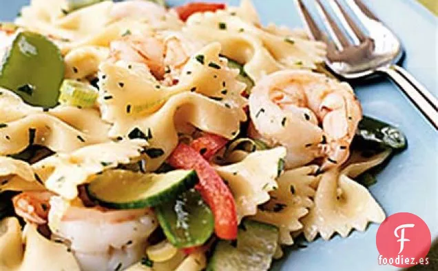 Farfalle con Camarones, Guisantes y Aderezo de Jengibre y Sésamo