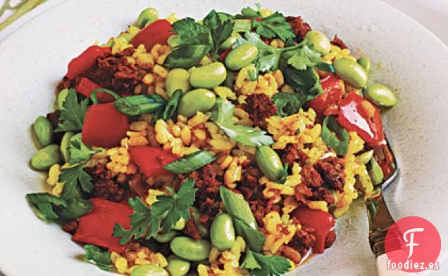 Paella con Chorizo de Soja y Edamame