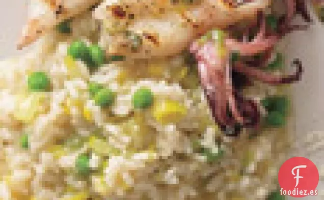 Risotto De Puerros Y Guisantes Con Calamares A La Parrilla