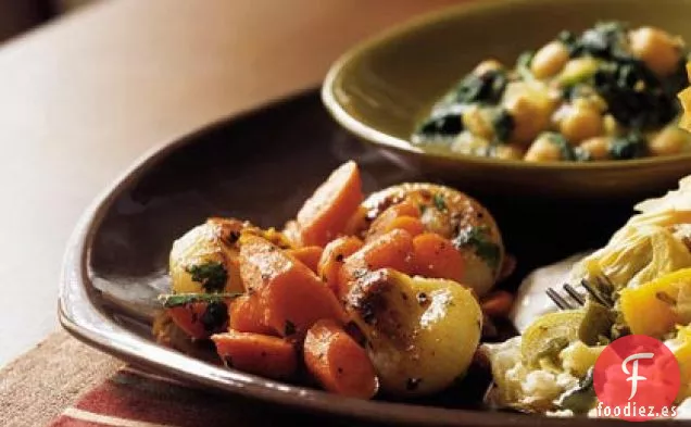 Zanahorias Glaseadas y Cebollas Cipollini con Cilantro y Naranja