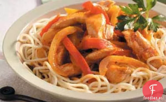 Espaguetis con fajitas de pollo