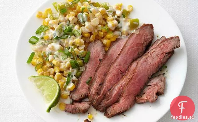 Bistec con chile y crema de maíz
