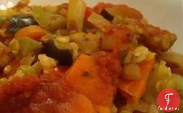 Arroz de lentejas y verduras al horno