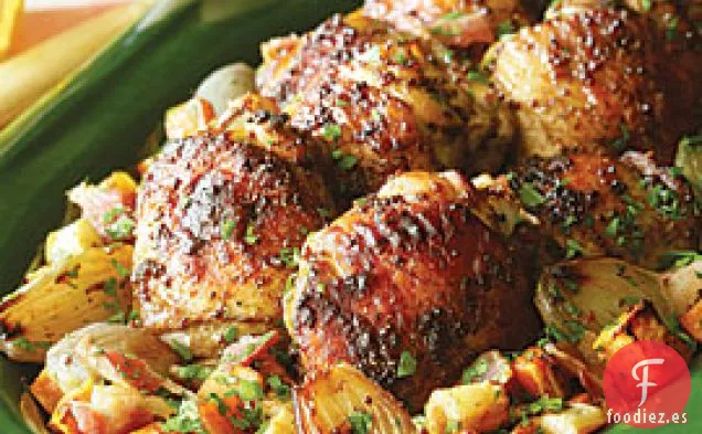 Muslos De Pollo Bruñidos Con Batatas Asadas Y Chirivías