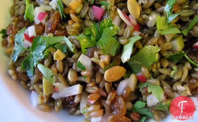 Pilaf De Espelta Con Rábano En Escabeche, Semillas De Calabaza, Pasas Doradas